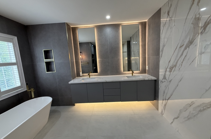 Luxury Bathroom With Custom Vanity & LED Shower Niche